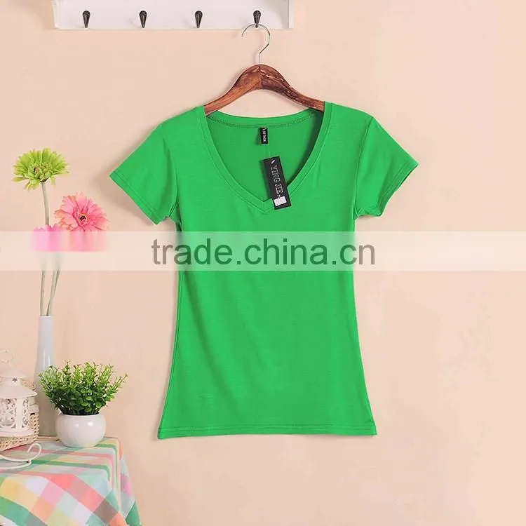 New Fashion Stretch Summer Women T Shirts Ms Solid Color Short Sleeve 100% Cotton v neck t shirt Women's Blank V-Veck T-Shirts