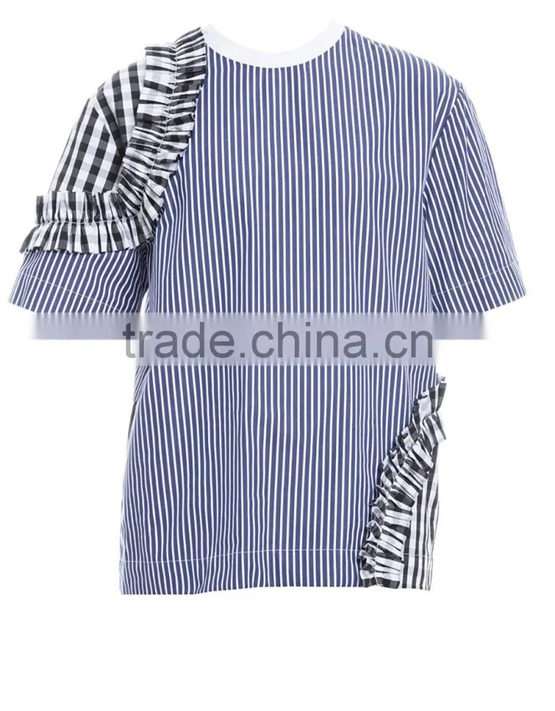 Women's 100% cotton blue striped loose fit t shirt with zipper back