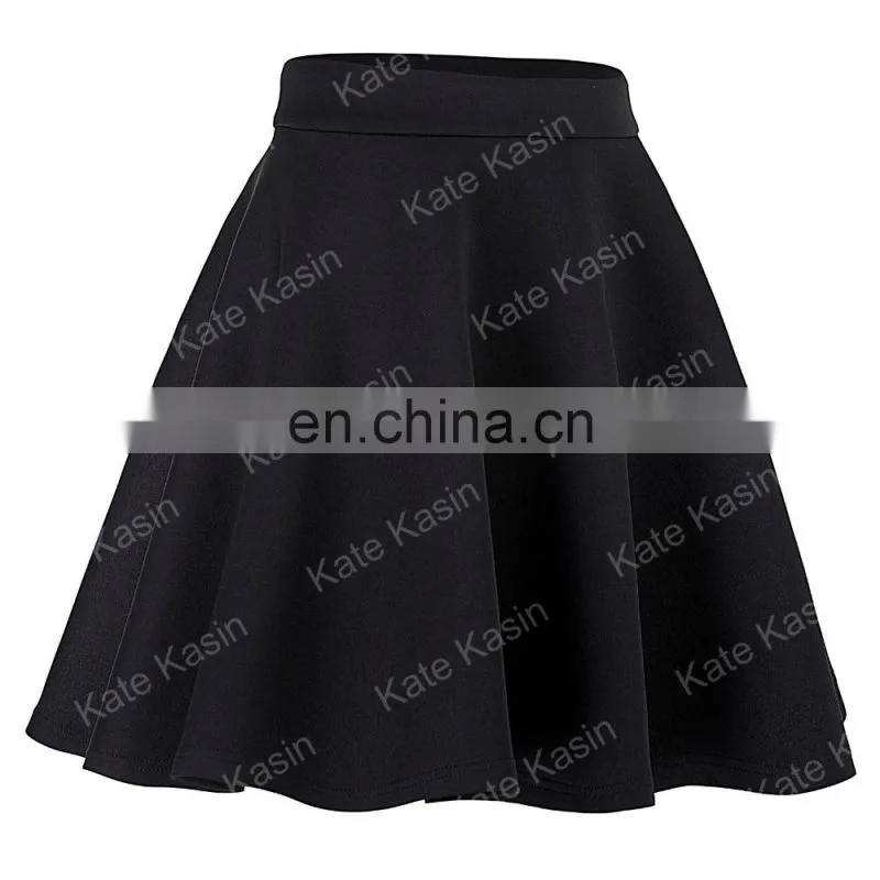 Kate Kasin Stock Womens Basic Black Stretchy Flared Skirt A-Line Skirt KK000665-1