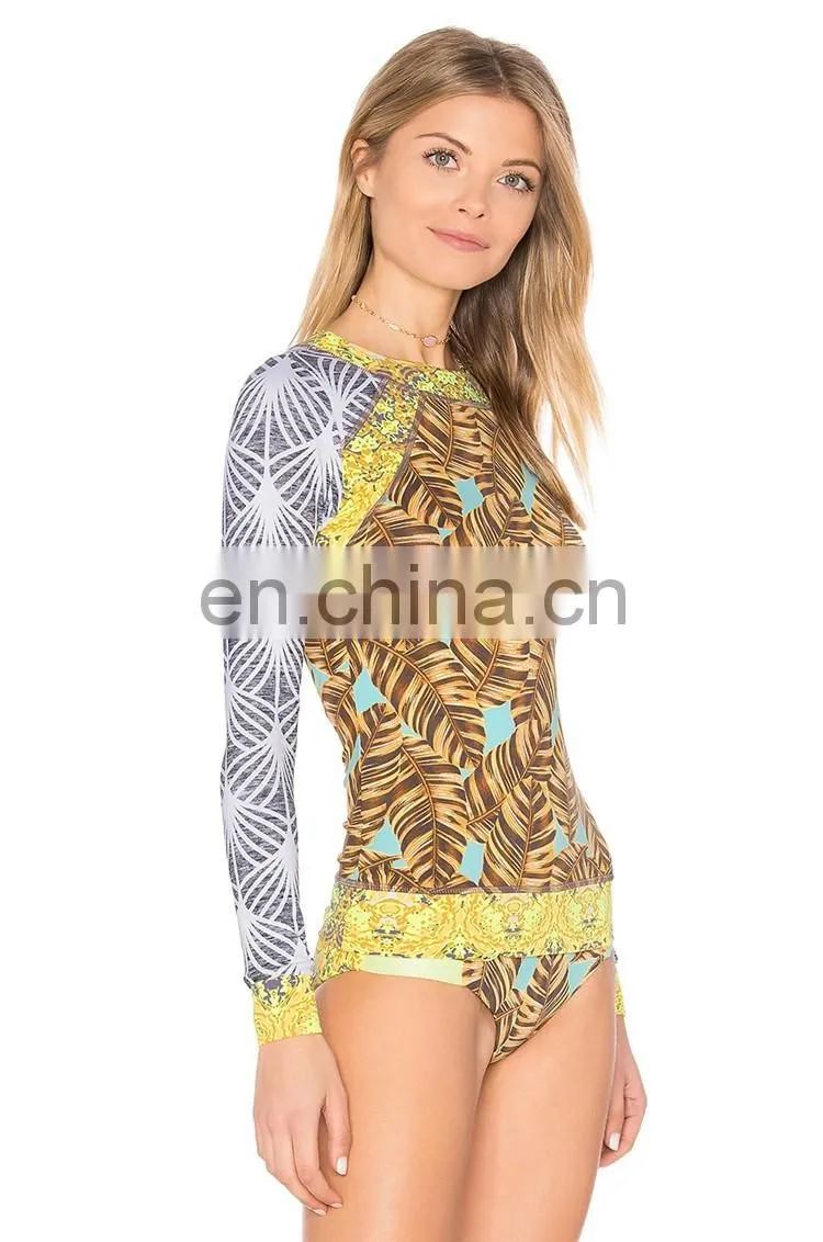 2017 custom made upf protection sublimation printed women long sleeve rash vests