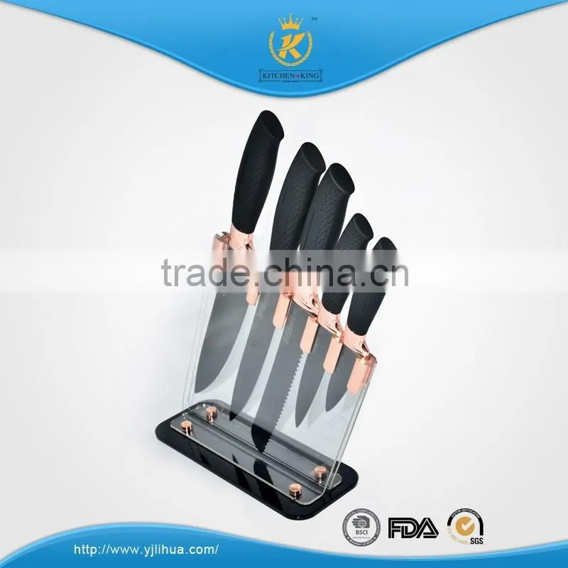 KITCHEN KING non-stick color coating knife set with copper color acrylic stand