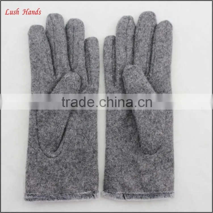 ladies winter warm grey woolen dress fashion hand gloves with fur and button