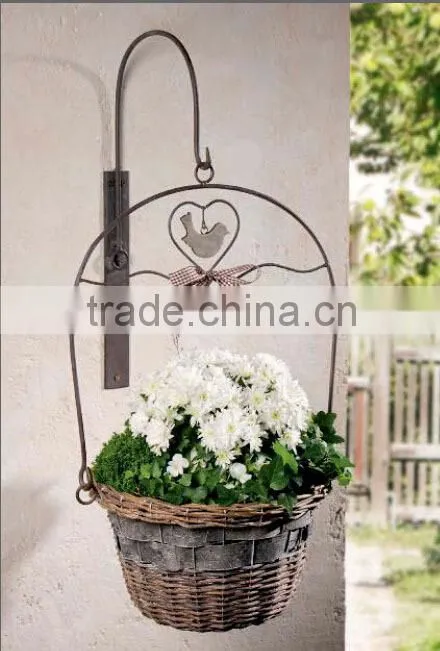 decorative wall hanging wooden flower pot with metal bracket and hook