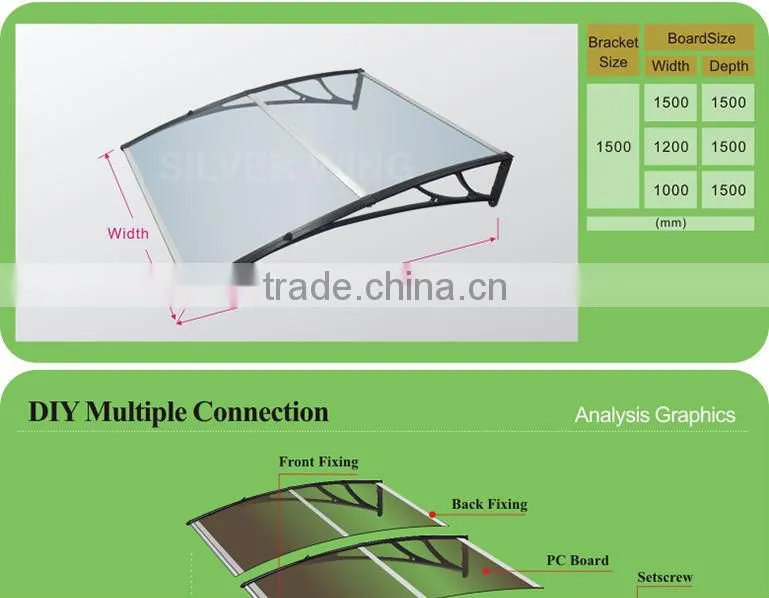 New arrival 1.5M assembled PC polycarbonate Metal Aluminum awning celling brackets for porch and window
