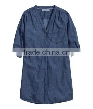 Women Long Sleeve V-neck Denim Shirt
