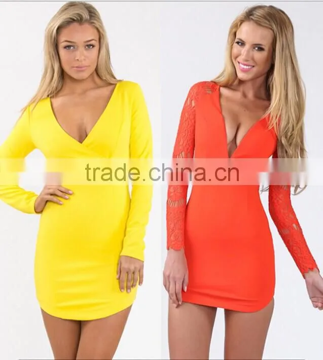 Designer bodycon dress design deep V neck ladies western dress designs photo with lace sleeve