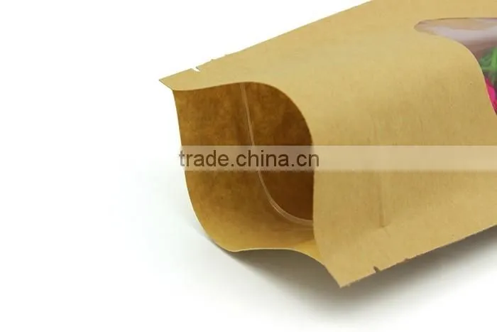 2016 HOT SELL food grade customized brown kraft food packaging paper stand up pouch bags with window and zipper