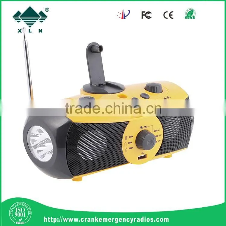 Wonderful mini Music Speaker Powered by Hand-cranking&USB Port&4 AA Batteries Radio Flashlight for camping use