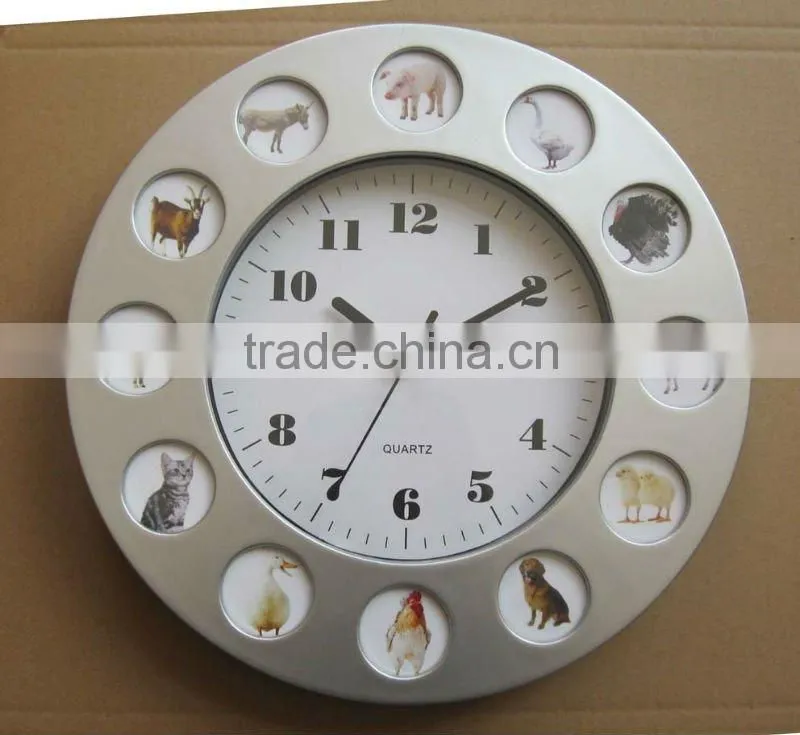 Round photo frame wall clock with 12 bird pictures and sound