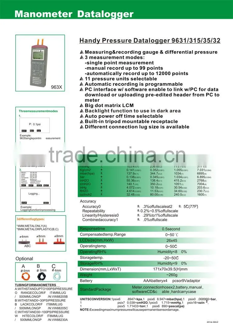Handy Pressure Daralogger 0~2.000 psi AZ 9632 Digital Gas Pressure Manometer