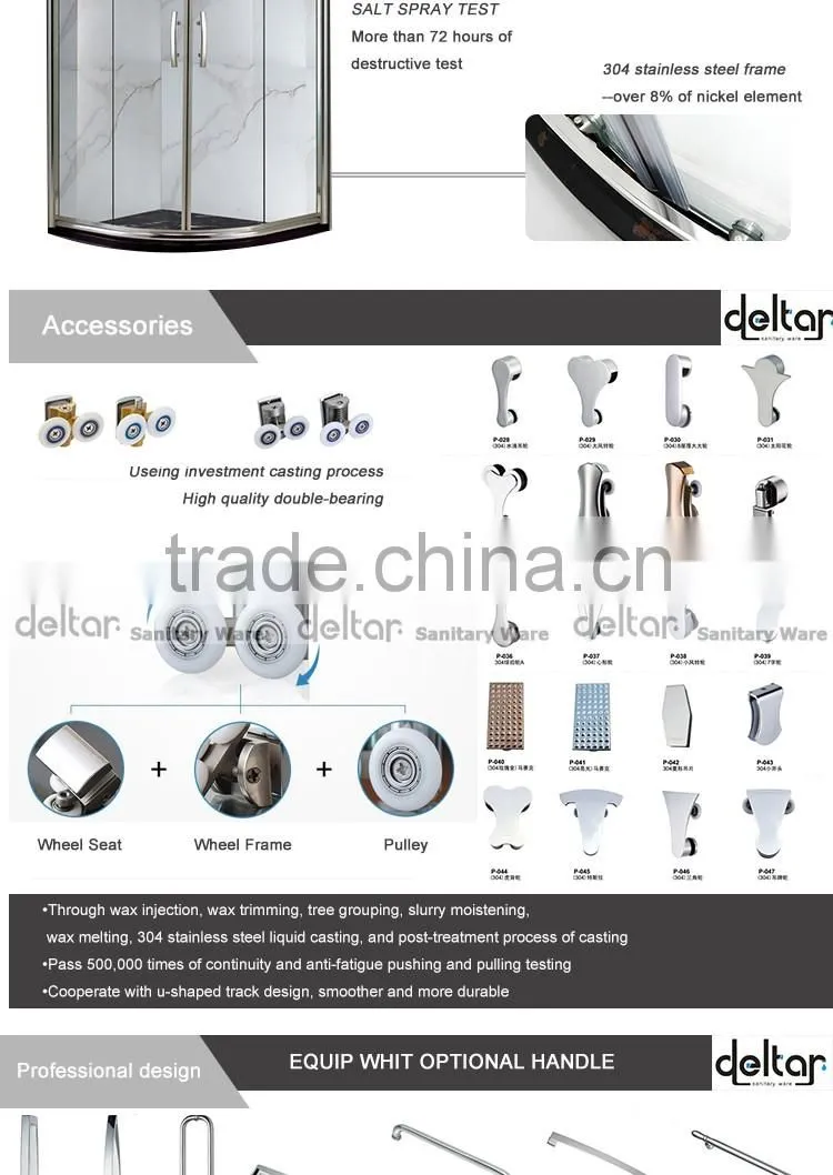 stainless steel roller CHEAP PRICE fan-shaped shower room with acrylic tray tempered glass shower enclosure