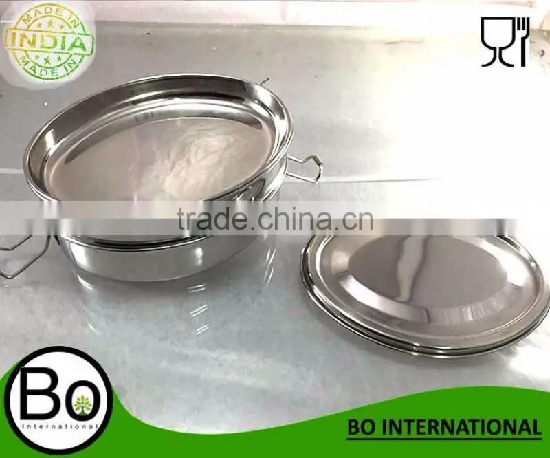stainless steel oval bento lunch box three layer 17 x 12 x 8 cm