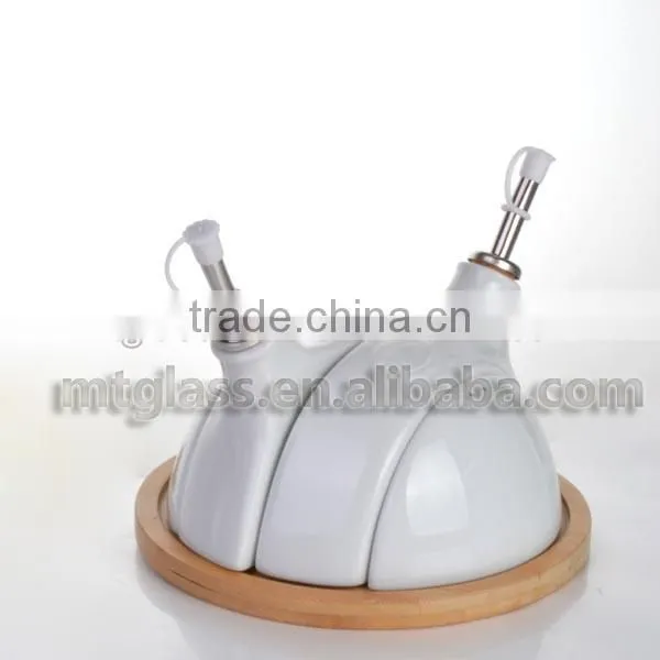 Hot selling white double style ceramic olive oil bottles with wooden holder