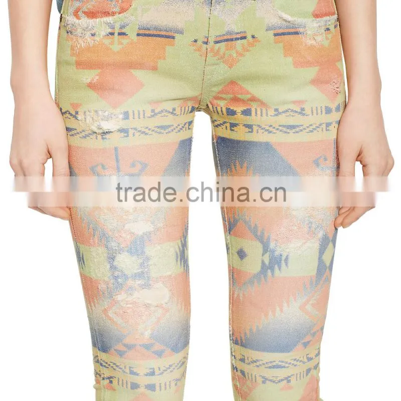Fashionable Wholesale Women Slim Pants Casual Patterned Skinny Jeans