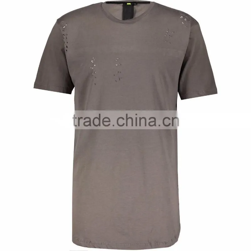 Stylish Slate Round Neck Distressed Long Line T Shirt for Man