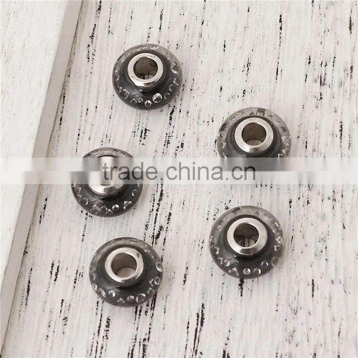 Lampwork Glass & Cubic Zirconia European Style Large Hole Charm Beads Round Black Clear W/ Stainless Steel Silver Tone Core