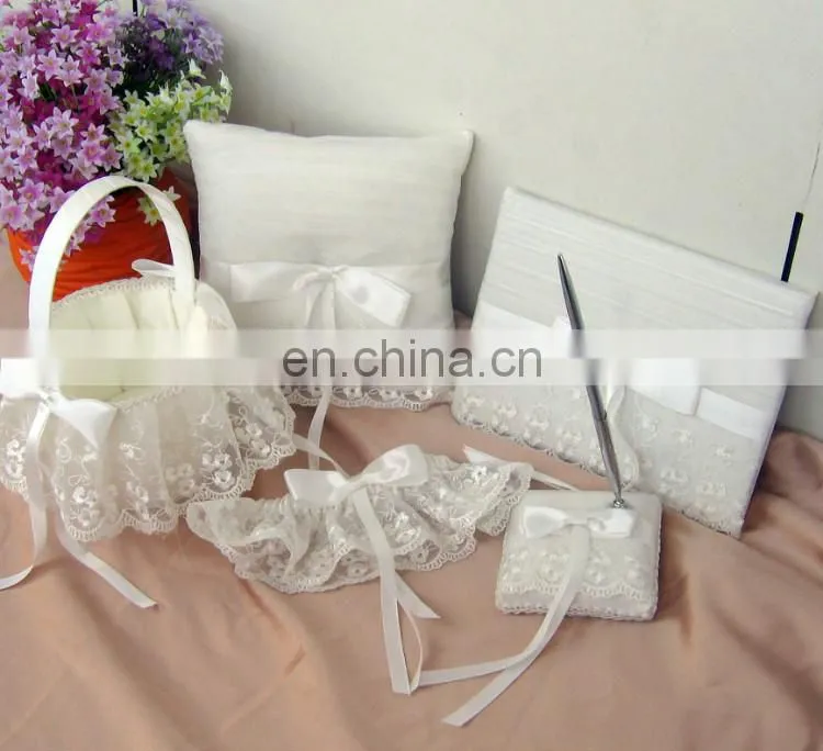 White Lace Decoration guest book /pen holder/ring pillow/flower basket set wedding favor