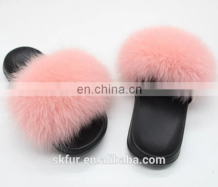 Factory wholesale long hair and soft real fox fur slides for women