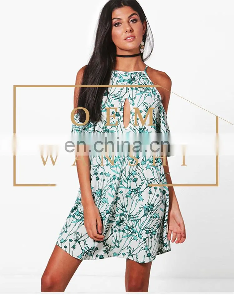woven floral Spaghetti straps cold shoulder printed women mini dress