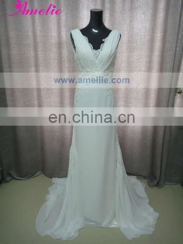 V Neckline Lace Appliqued Wedding Party Dresses