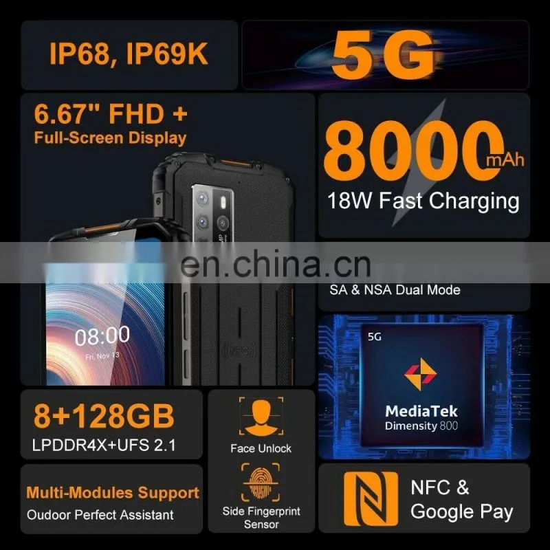 Hot Selling Global Version 6.67" FHD+ 8GB +128GB 48MP Quad Camera 8000mAh Rugged Phone OUKITEL WP10 5G mobile phones