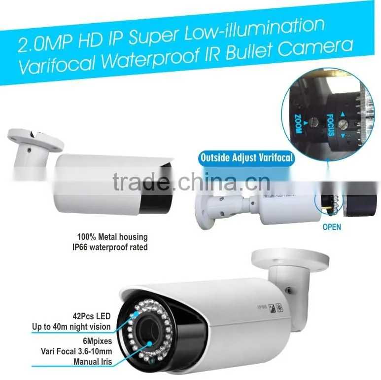Hot Design Bullet Camera H.265 Full HD 2.0MP IP Super Low-illumination Outside Adjust Lens IR Bullet CCTV Camera 110dB WDR