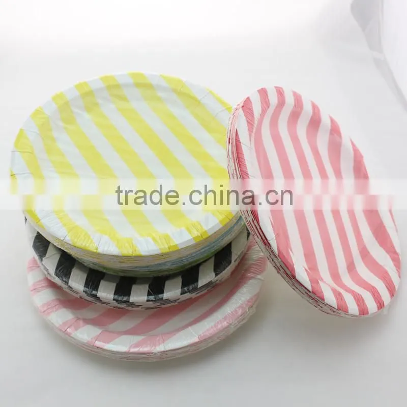 9 Inch Baby Pink Striped Round Paper Plates for Wedding Decoration