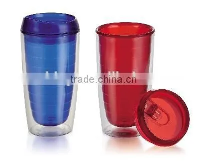 OEM Service Plastic Double Wall Cup with colorful lid Wholesale Plastic Cup with heat insulation