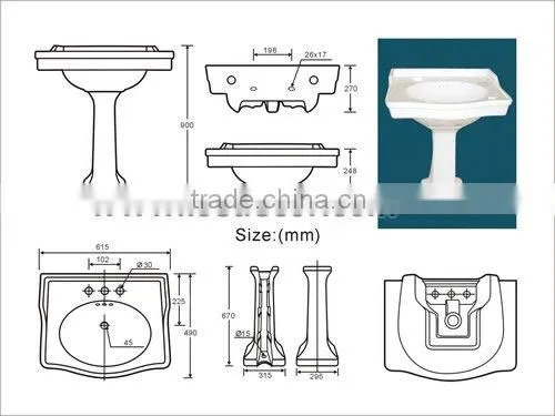 North American Standared Bathroom Porcelain Pedestal Sink
