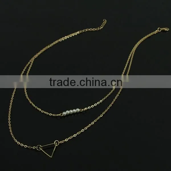 double layers thin simple gold long chain pearl necklace