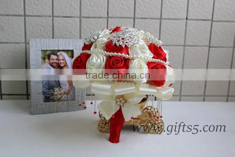 2016 new design Wedding Bouquet, Silver and Ivory Brooch Bouquet, red and white satin rose wedding bouquet