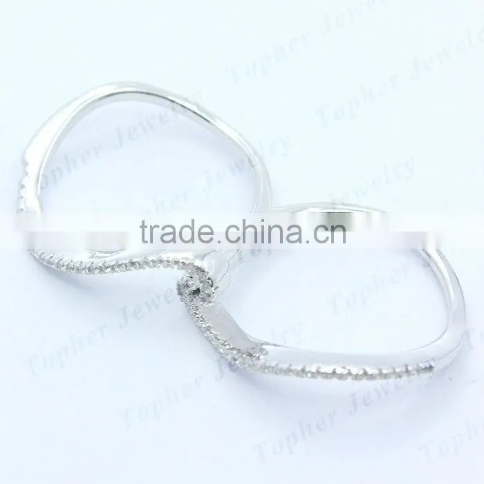 925 sterling silver micro pave setting two finger ring both rhodium and silver plated are available