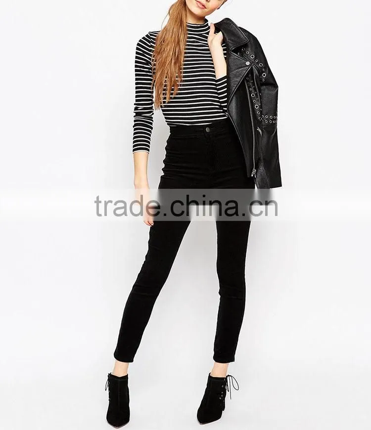 Top quality pants high waist spandex strech woman slim long black jeans
