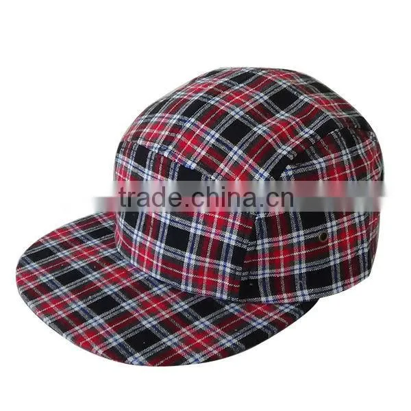 Seersucker Cotton 5 Panel Stripe red checked Biker Snapback Adjustable Cadet Cap Hat