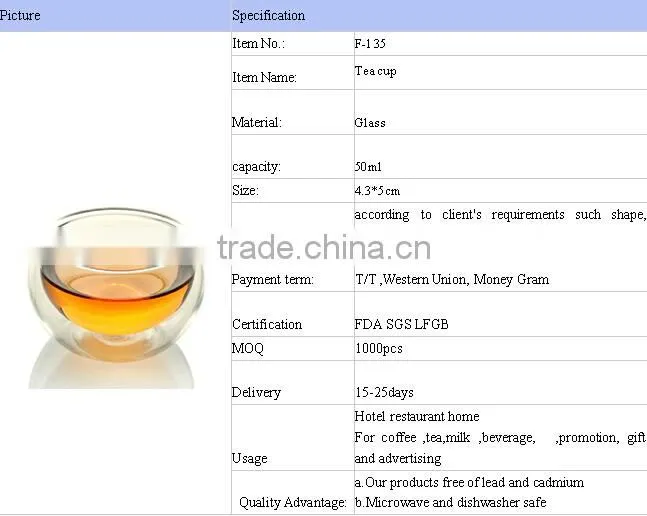 Double Wall Borosilicate Glass 50ml tea shot glass cup