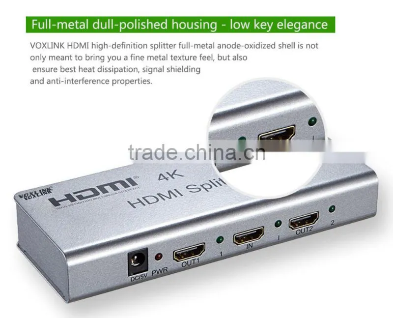 New Arrival 1x2 VOXLINK 4K HDMI splitter UL For HDMI 1.4,HDCP1.4 ,4K,IR extension, EDID management, RS232