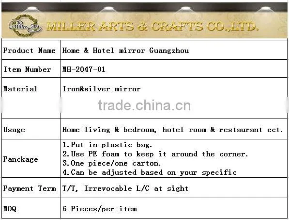 High end hotel Rectangle wall mirror, Iron decorative mirror