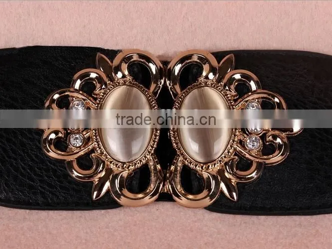 Wholesale opal stone inlaid flower pattern alloy buckle sex women lady wide PU waist belt