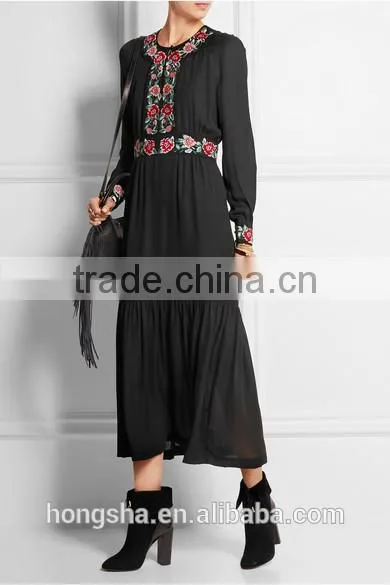 Long Sleeve Black Embroidery Dress Design Latest Women Hand Embroidery Design For Dress HSD6667