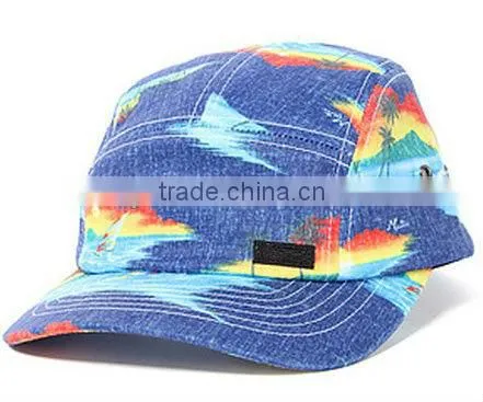 Blue wave print jeans cheap custom curve brim 5 panel cap