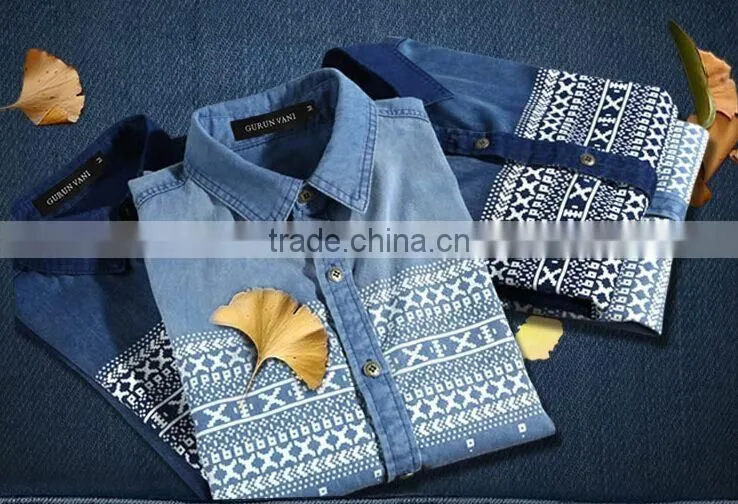 Men's Printed Denim Shirts Short Sleeve Denim Shirt For Men Washed Denim Casual Shirt
