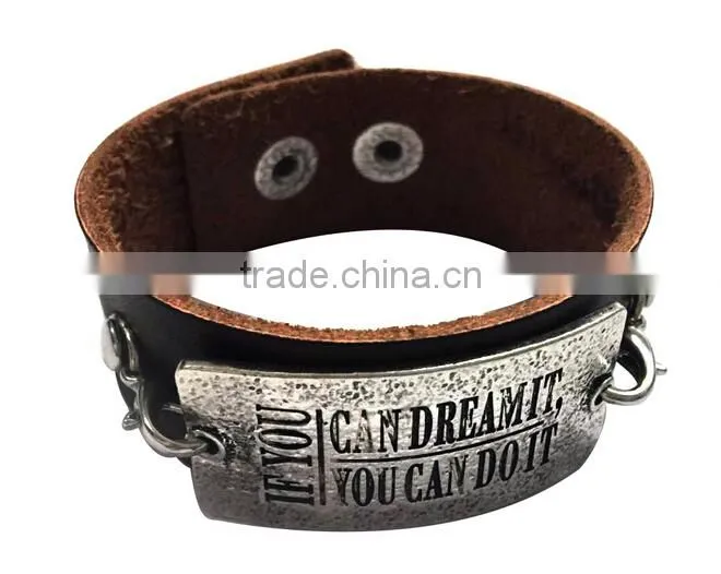 Custom words charms leather bracelet,antique men leather bracelets,stylish leather wristband
