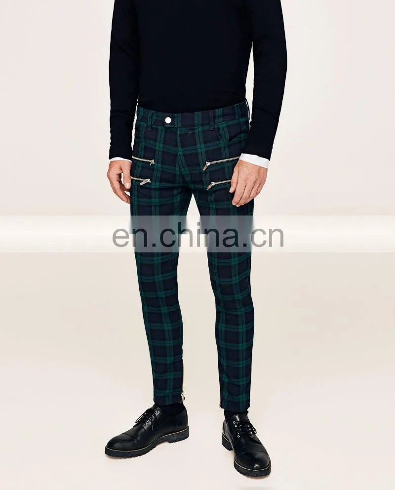 New Style Wholesale Man Fashion Slim Fit Checked Trousers With Zips