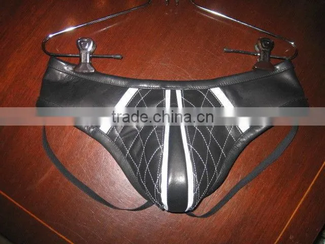 Black leather jock strap with purple strips