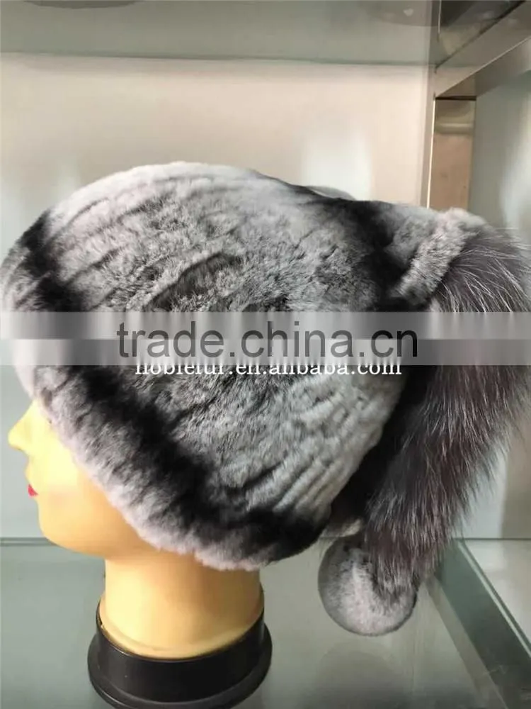 rex rabbit with fox fur pompom hat