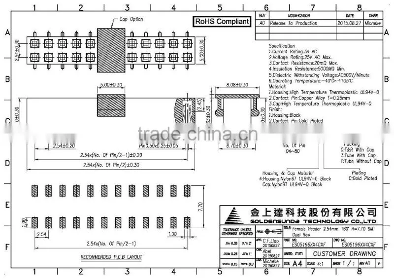 2.54mm Pitch Board to Board Female Header SMT Connector