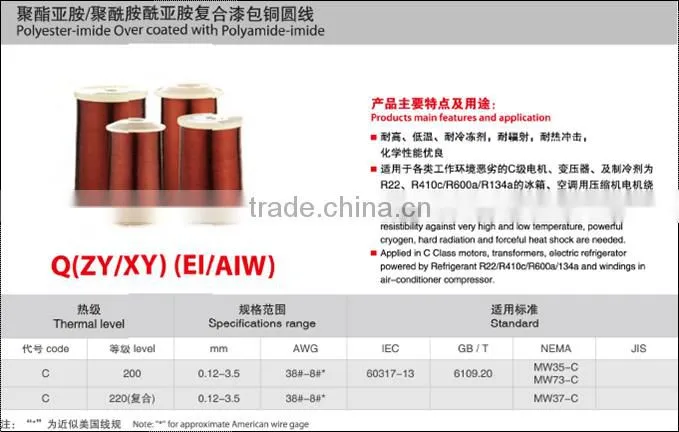 EI/AIW/200 Class C Polyester-imide Over coated with Polyamide-imide copper wire coil for motor winding
