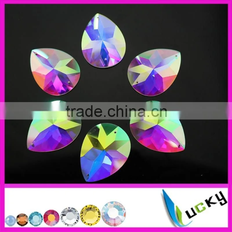 2016New sew on teardrop shape crystal ab color 30*40mm flatback large strass facets rhinestones with/without holes glue on