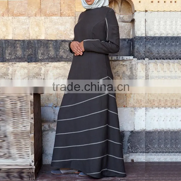 Fashion vintage plain fabric long sleeve bias trim muslim women long dress