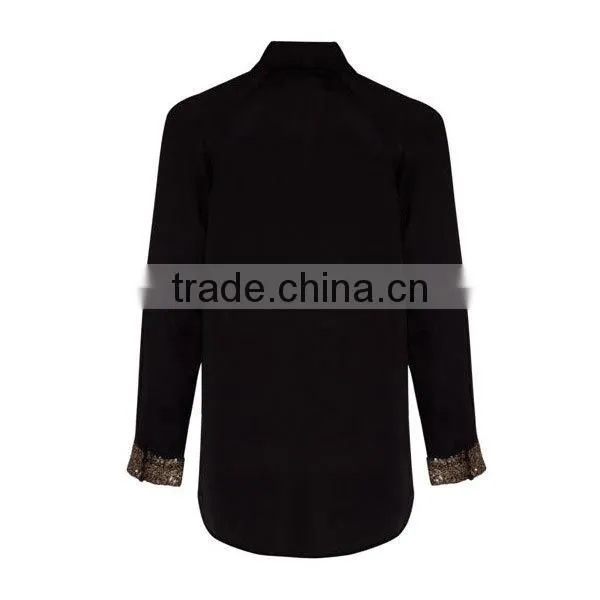Tops Ladies Rayon Long Sleeve Black Sequin Cuff shirt blouse
